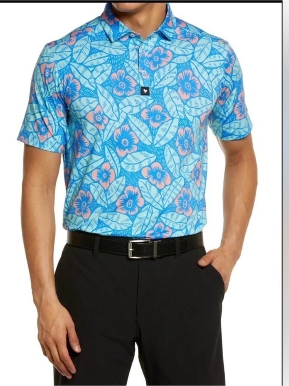 Bad Birdie Blue Floral Golf Polo Shirt - Performance Short Sleeve. Size Small